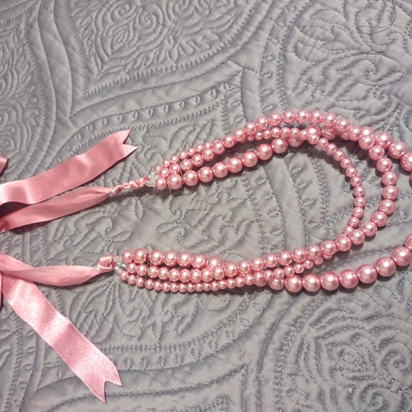 Pink Faux Pearl with Ribbon Necklace. Length 10 to 20 inches - Picture 2 of 2